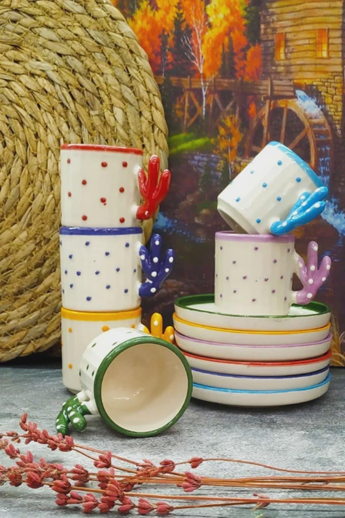 Handmade Cactus Coffee Cup Set for 6 with Boho Cactus Coffee Design