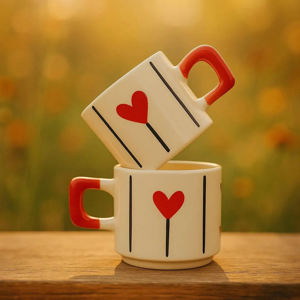 Ceramic Heart Mugs Set with Red Heart Design for Elegant Gifts