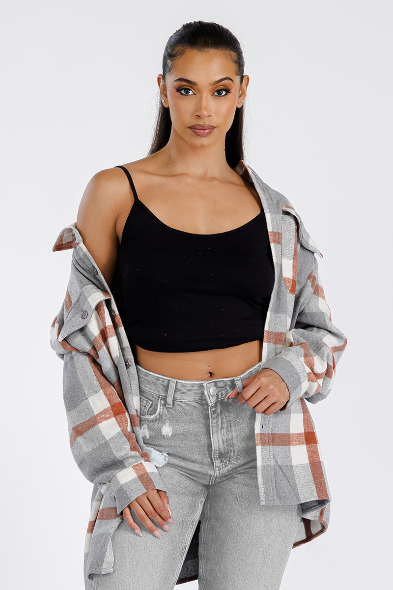 Oversized Boyfriend Flannel Shacket Button Closure And Chest Pockets Soft Brushed Fabric 75 Polyester 25 Cotton FL503