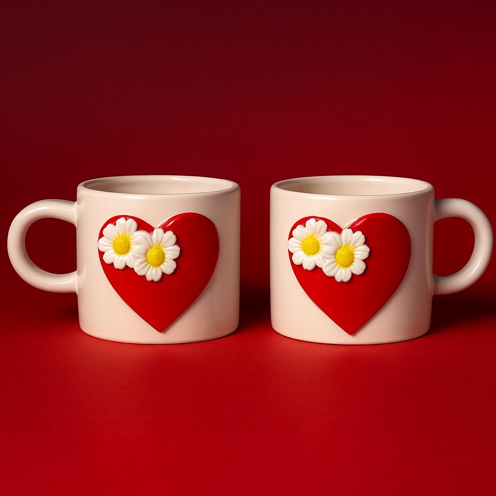 Floral Heart Mugs Set of 2 for Romantic Coffee and Tea Enjoyment