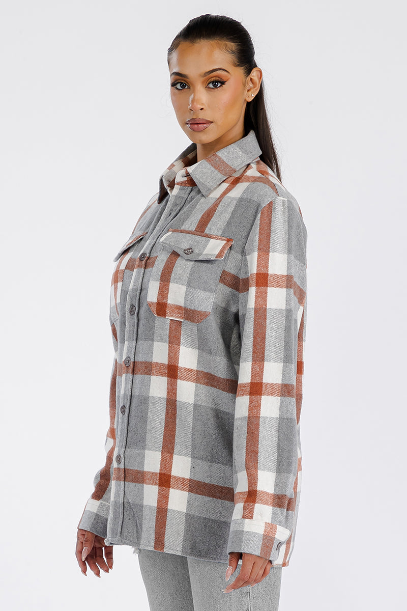 Oversized Boyfriend Flannel Shacket Button Closure And Chest Pockets Soft Brushed Fabric 75 Polyester 25 Cotton FL503