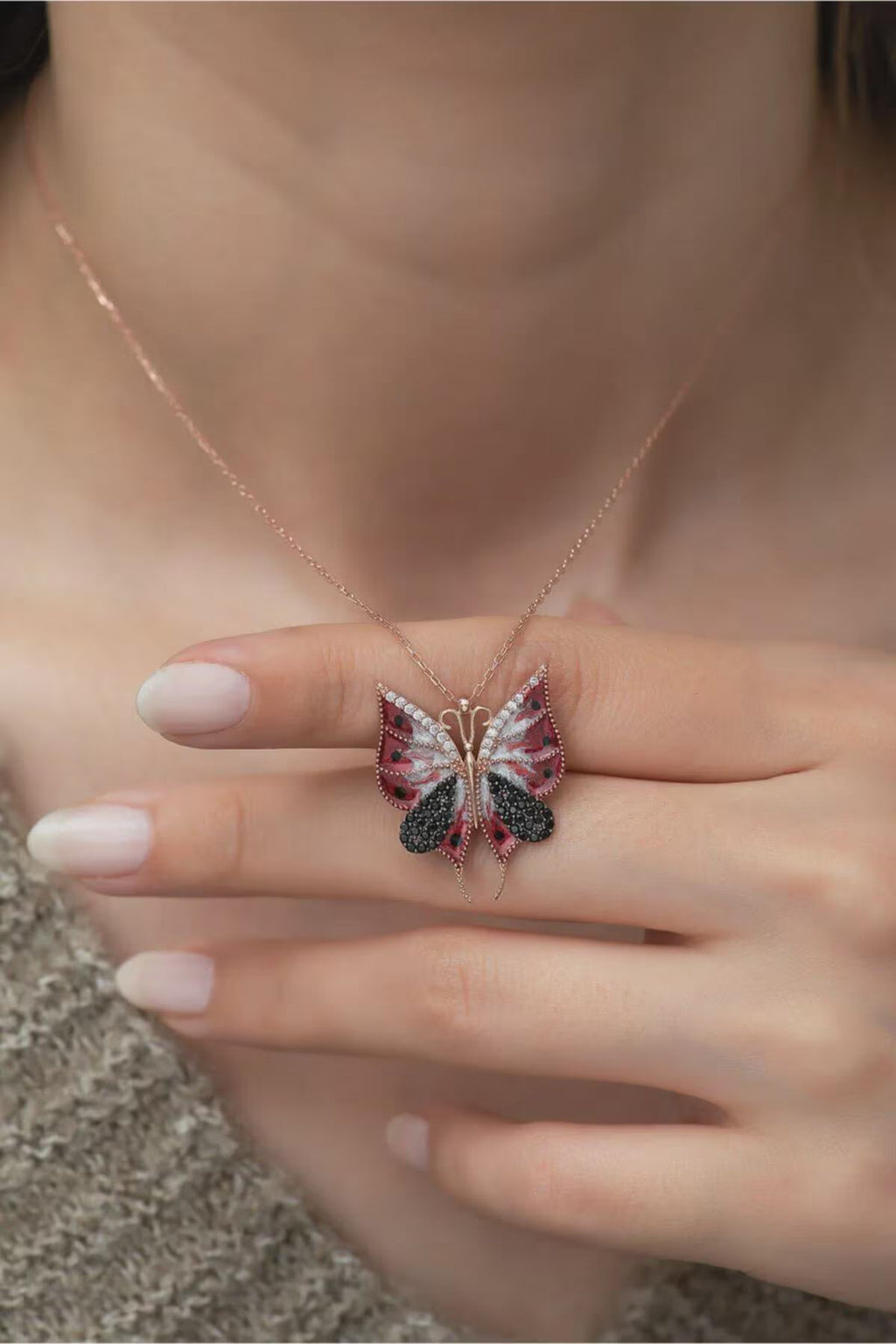 Sterling Silver Red Butterfly Necklace: Rhodium Plated Pendant