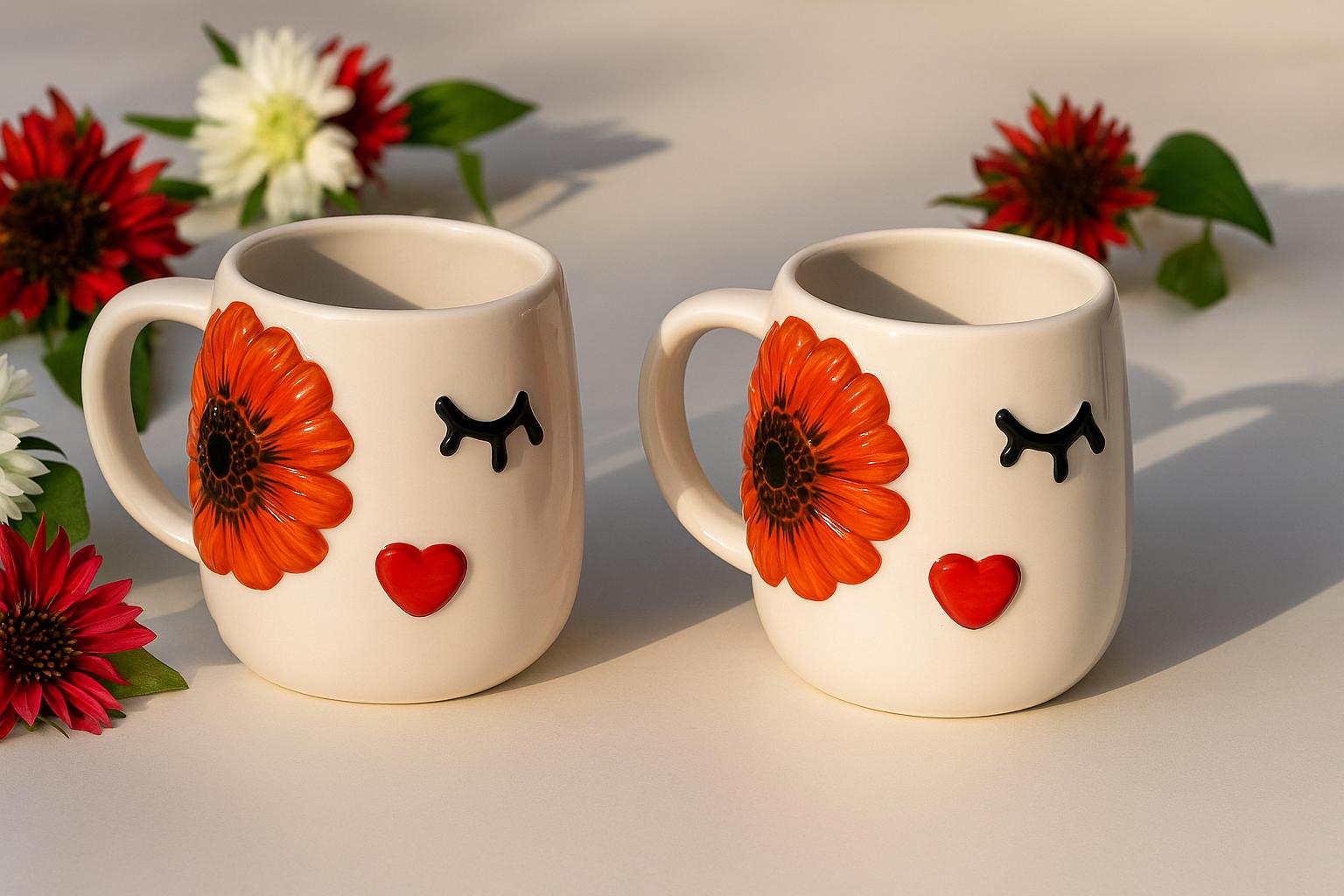 Set of 2 Embossed Flower Face Mugs 400ml for Unique Coffee Experience