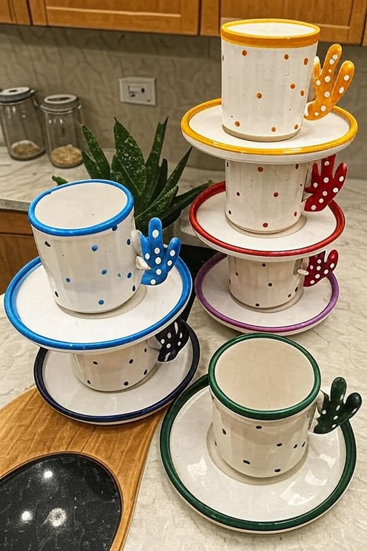 Handmade Cactus Coffee Cup Set for 6 with Boho Cactus Coffee Design