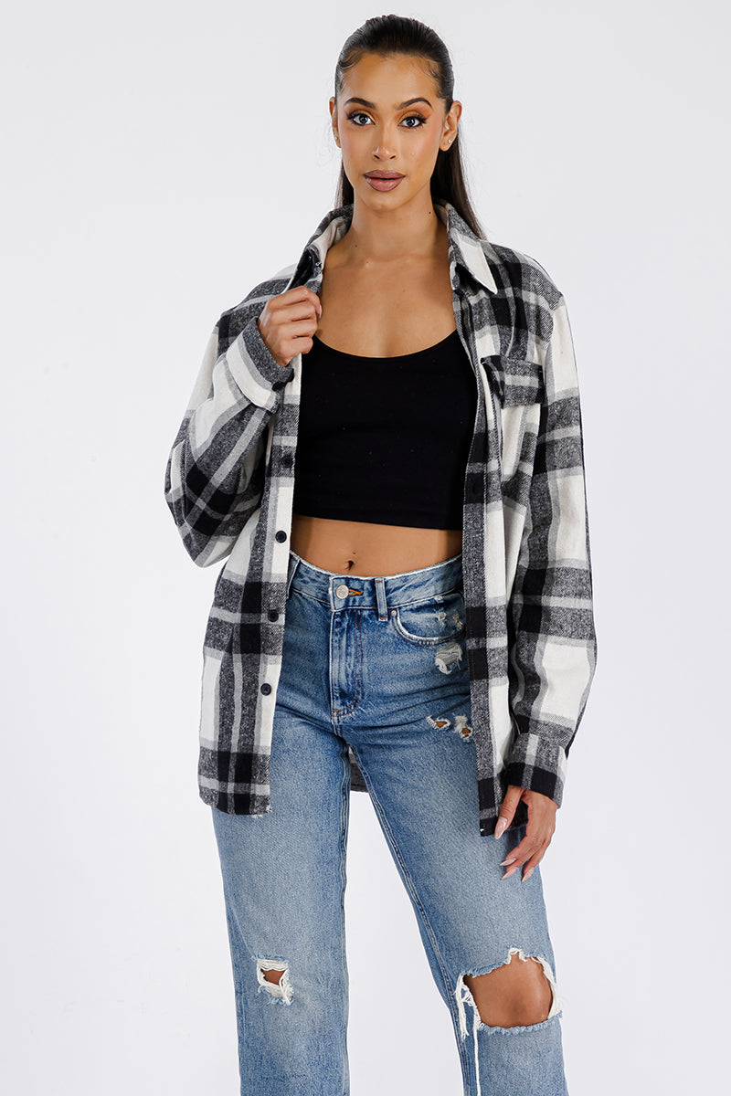 Women's Oversized Flannel Shacket Boyfriend Fit With Button Closure And Chest Pockets Brushed Polyester Cotton Blend