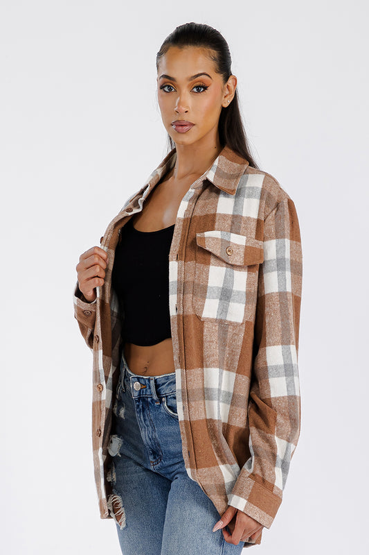 Women's Oversized Flannel Shacket Button Closure Chest Pockets Soft Brushed Fabric 75 Polyester 25 Cotton