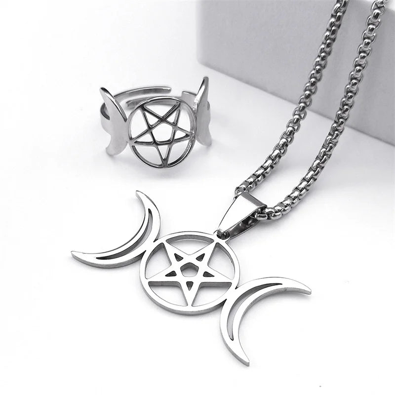 Stainless Steel Jewelry Set Triple Moon Goddess Pentagram Pentacle Necklace Women Men Ring Bracelet Earrings conjuntos de joyas