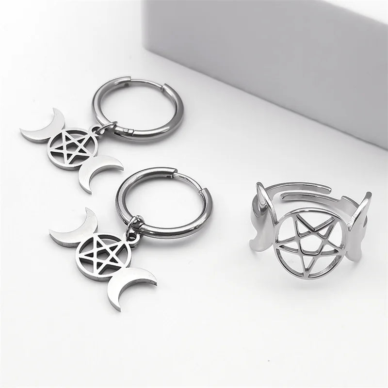 Stainless Steel Jewelry Set Triple Moon Goddess Pentagram Pentacle Necklace Women Men Ring Bracelet Earrings conjuntos de joyas
