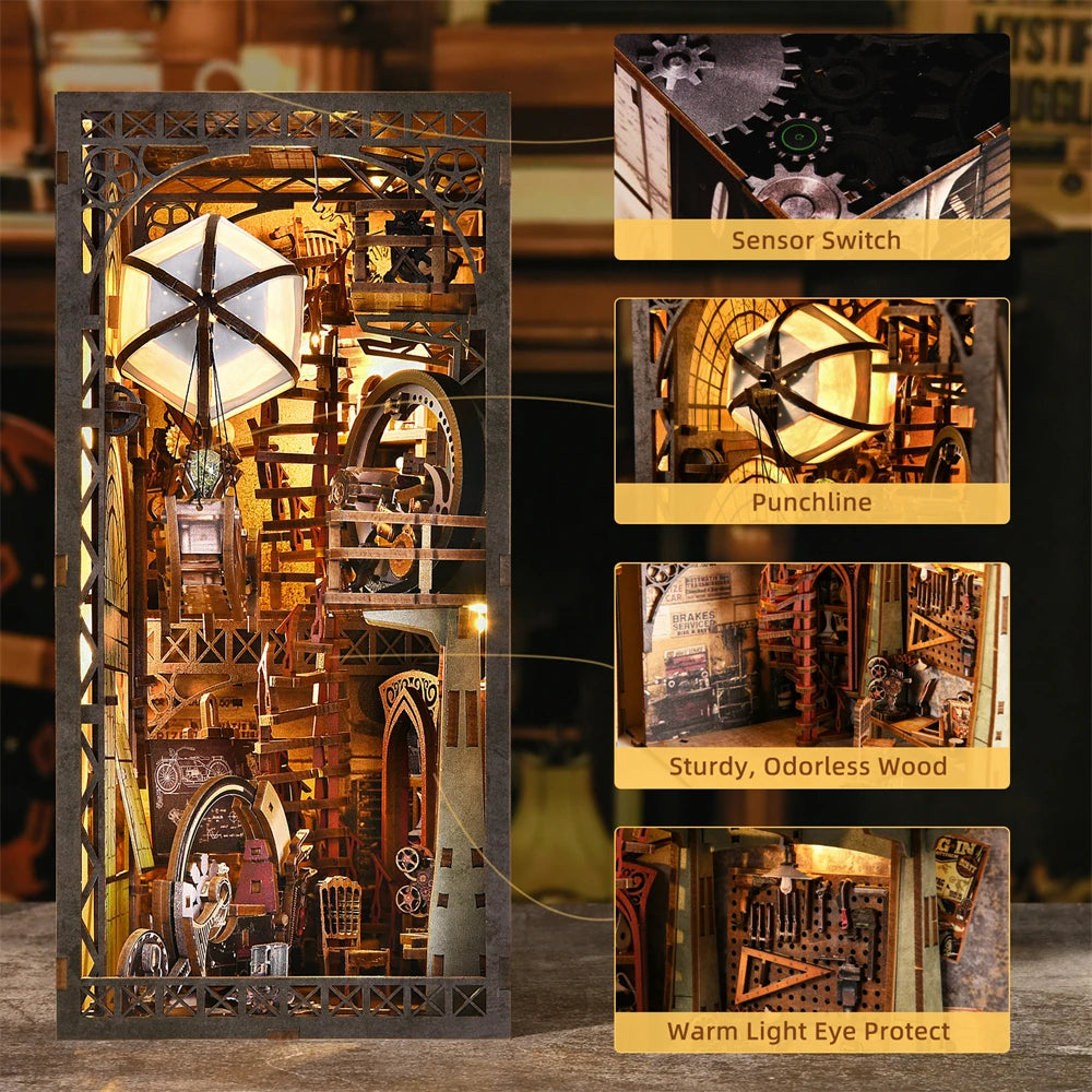 Book Nook Kit Maker's Workshop DIY Wooden Puzzle Balloon Studio Ship Bookshelf Dollhouse Model Bookend Building Home Deco