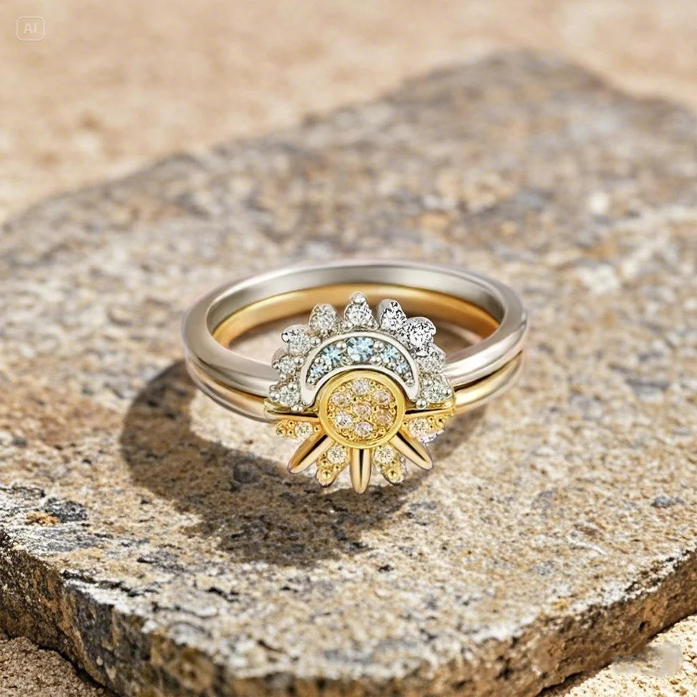 Triple Moon Goddess Sun Moon Celtic knot Couple Ring Set Cubic Zirconia Stone Rings Promise Jewelry Gifts for Valentines Day